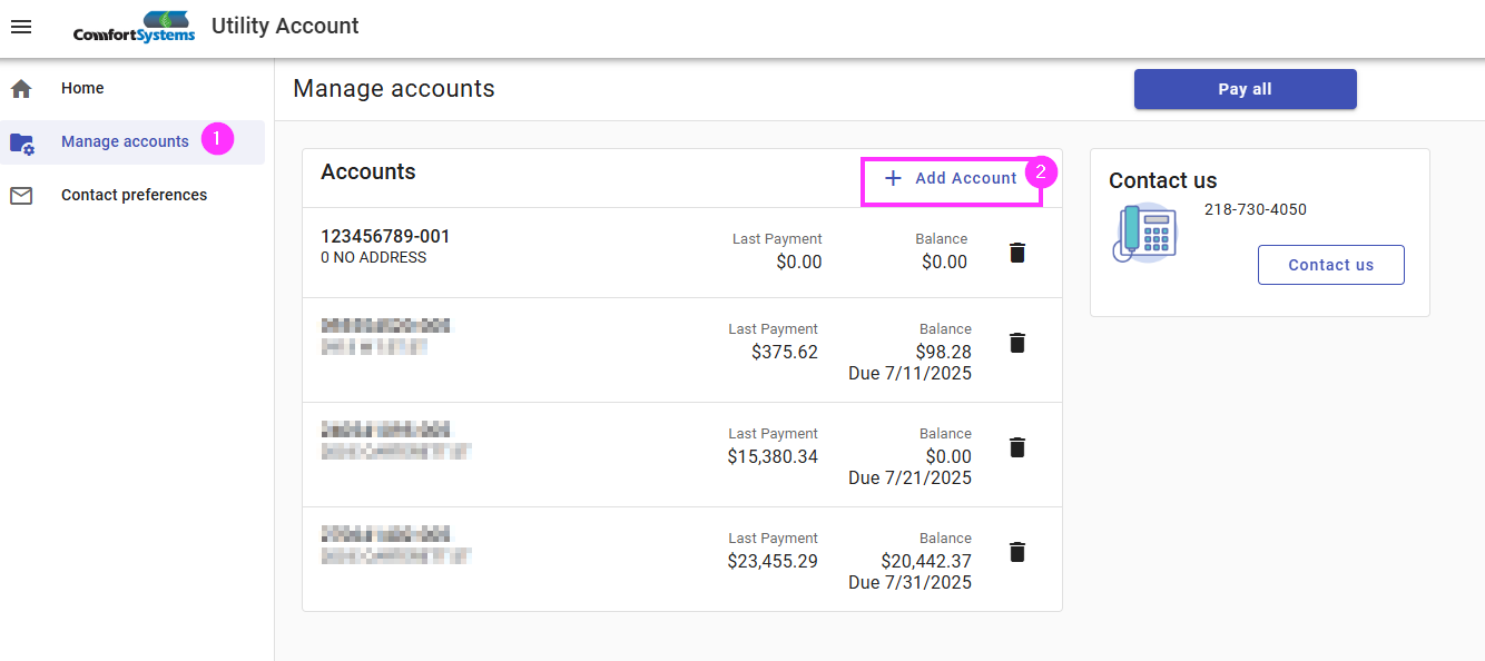 Navigating the left side bar of the Utilty Access Portal to add an additional utility account